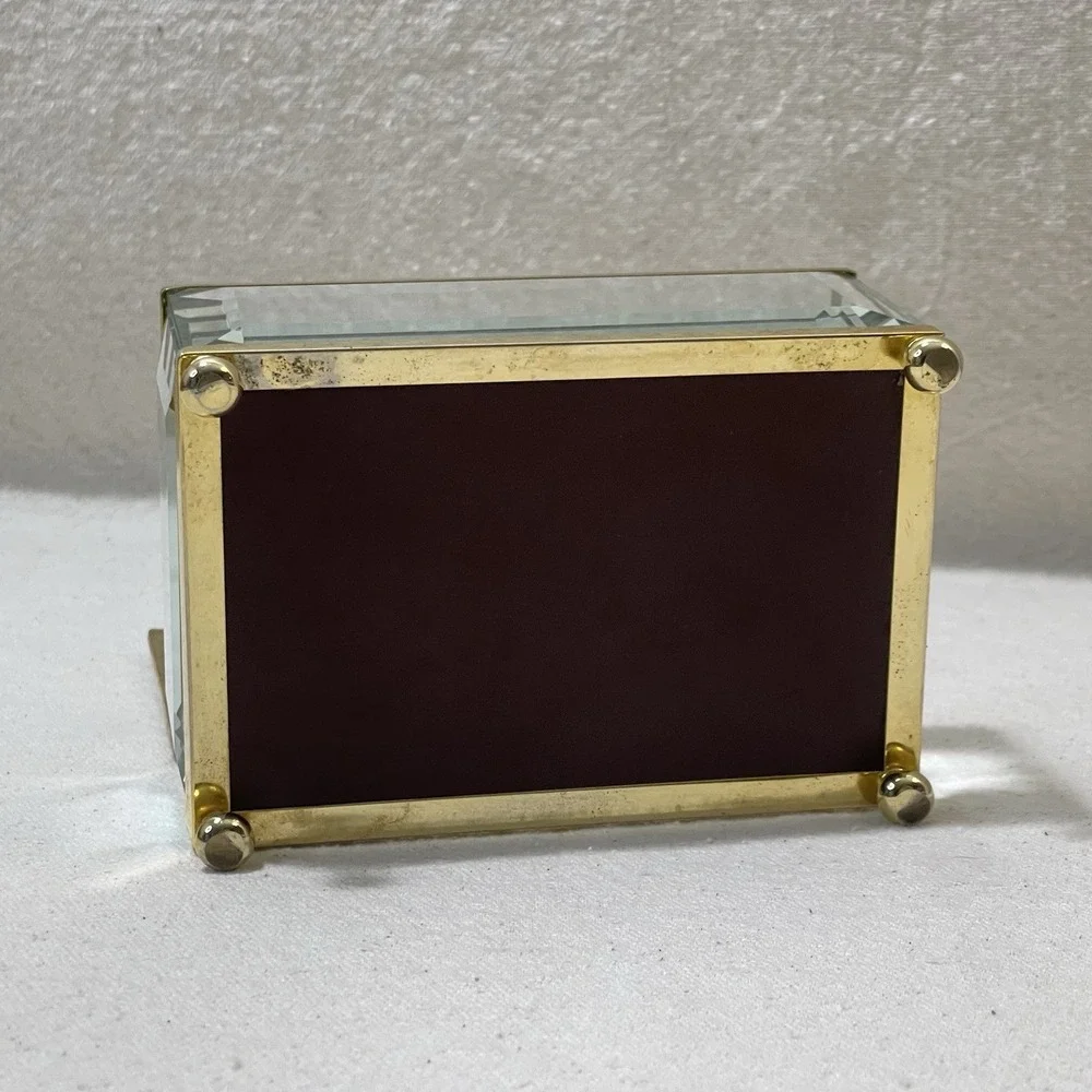 Vintage Glass Brass Mirrored Jewelry Trinket Vanity Display Box Etched‎ Bamboo